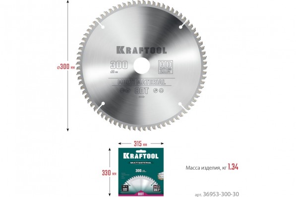 Диск пильный по алюминию (36953-300-30) KRAFTOOL Multi Material, 300 х 30 мм, 80Т