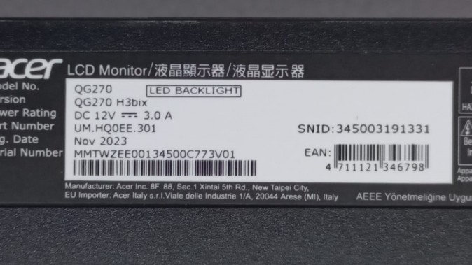 27" Монитор Acer Nitro QG270H3bix