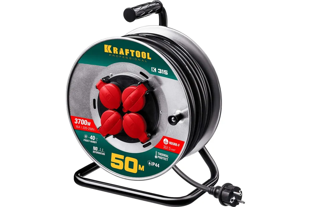 К-315 удлинитель на катушке KRAFTOOL , 50 м, 3700 Вт, 4 гнезда, IP44, КГ 3x1,5 кв мм