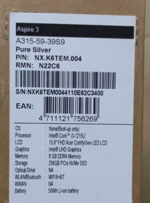 Ноутбук ACER Aspire 3 15.6 A315-59-39S9 QWERTY Silver (NX.K6TEM.004 W) ПИ