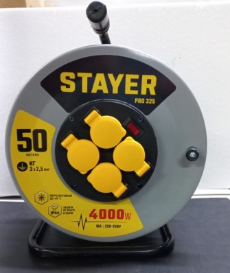 Силовой удлинитель на стальной катушке STAYER Pro 325 КГ 3x2.5 50м 55076-50_